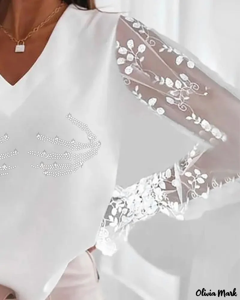 Deanwangkt - Halloween Rhinestone Contrast Lace Long Sleeve Top - Deanwangkt