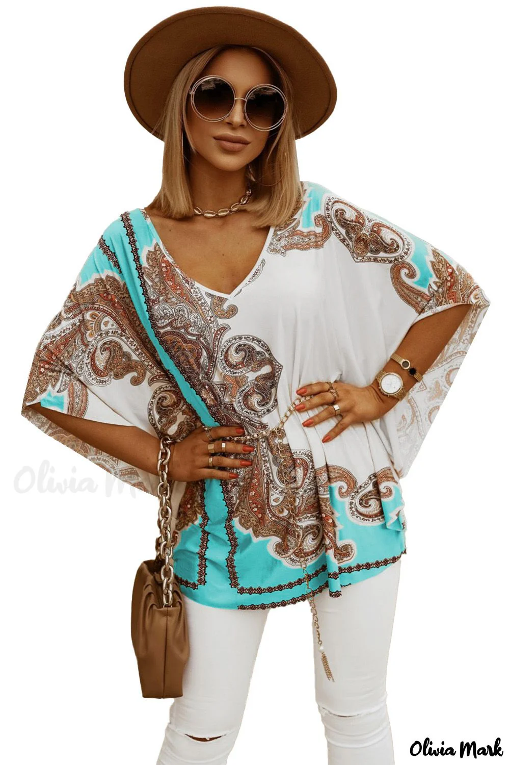 Deanwangkt - Relaxed sky blue tunic with paisley print and batwing sleeves - Deanwangkt