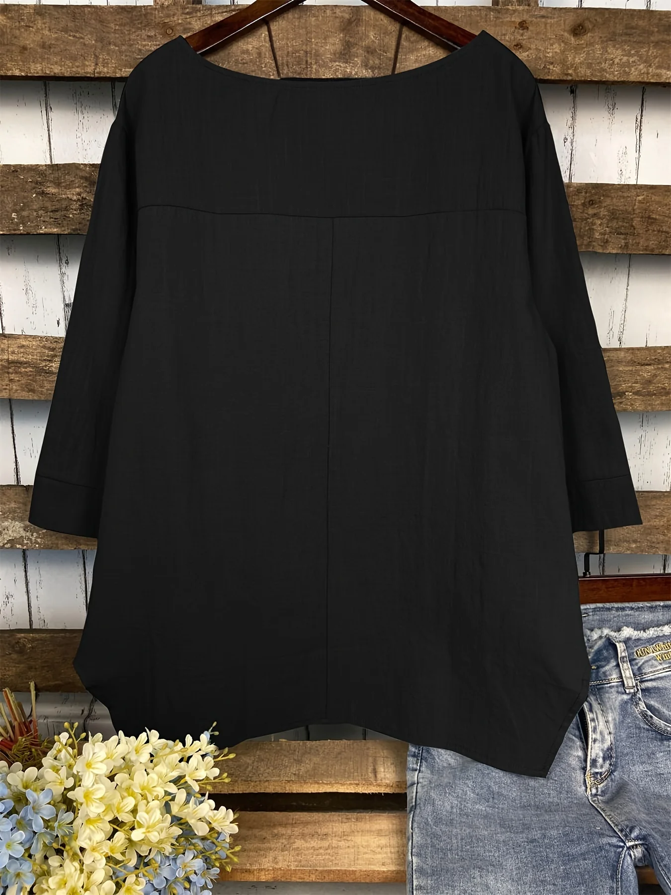 Dipped Hem Solid Blouse, Asymmetrical Crew Neck Loose Casual Blouse, Women's Clothing - Deanwangkt