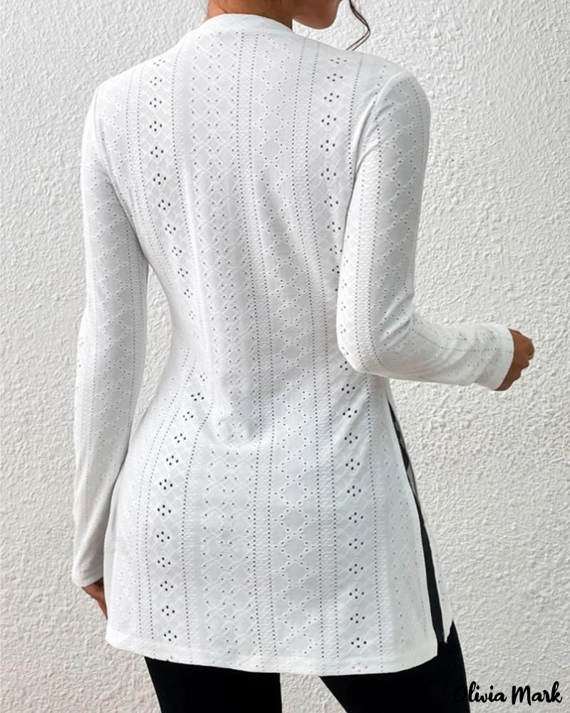 Deanwangkt - Womens Long Sleeve Eyelet Embroidery Slit Blouse - Deanwangkt