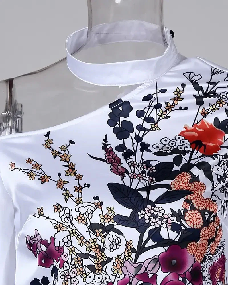 Deanwangkt - One Shoulder Floral Print Lantern Sleeve Top - Deanwangkt