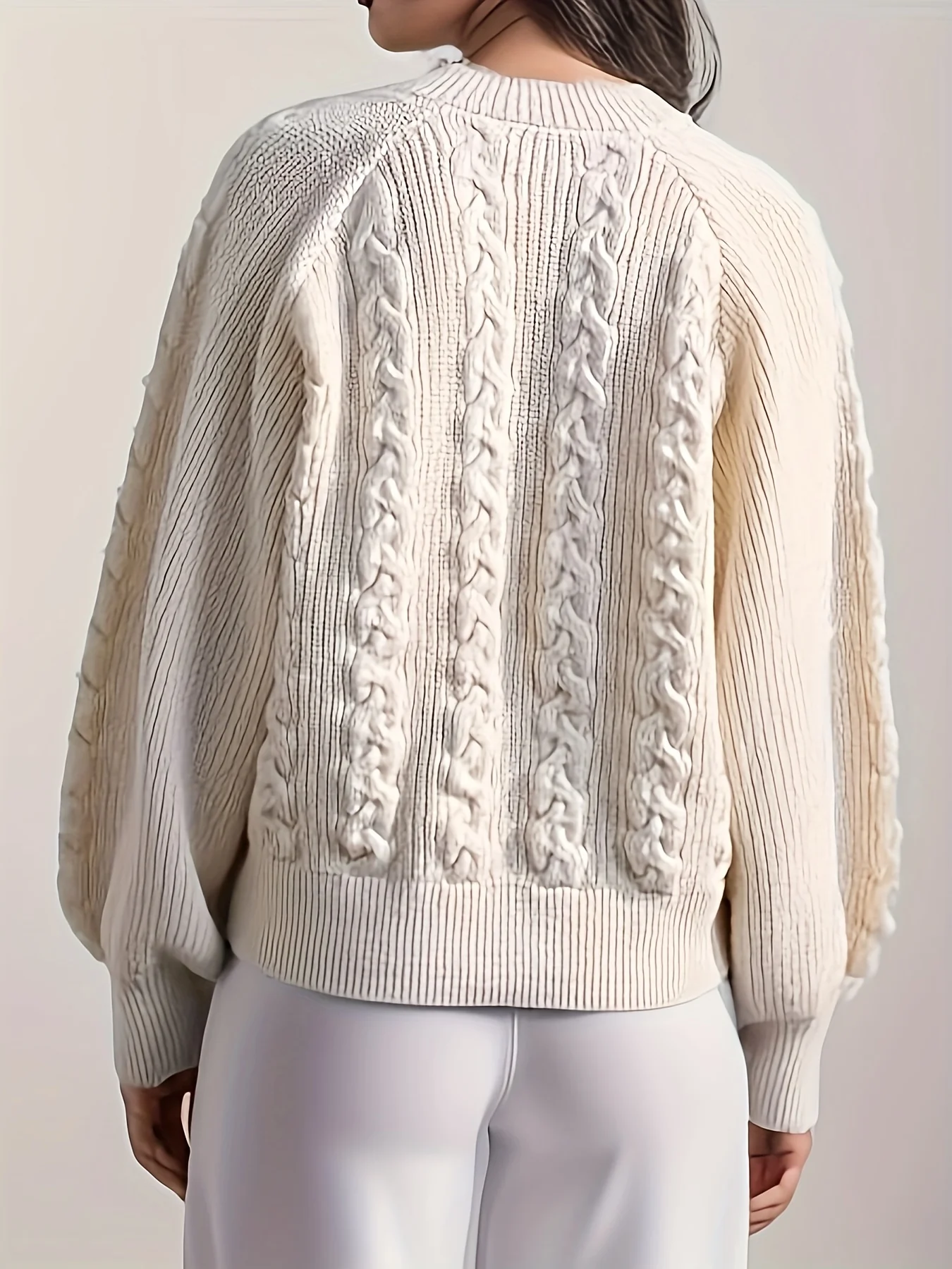 deanwangkt-1  Solid Notched Neck Cable Knit Sweater, Casual Long Sleeve Raglan Shoulder Sweater, Women's Clothing - Deanwangkt