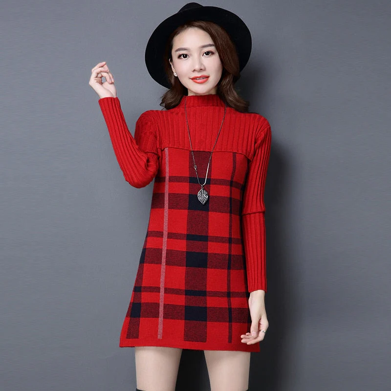 Christmas Gift Deanwangkt New Women Autumn Winter Dress Turtleneck Long Sleeve Plaid Knitted Sweater Dress Female Loose  Sweaters Pullovers Dress 315 - Deanwangkt