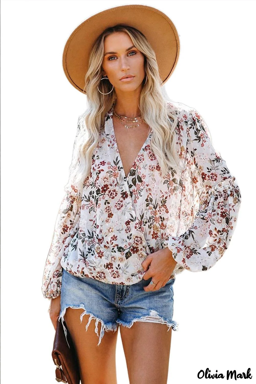 Deanwangkt - Multicolor Draped V-Neck Floral Lantern Sleeve Blouse - Deanwangkt