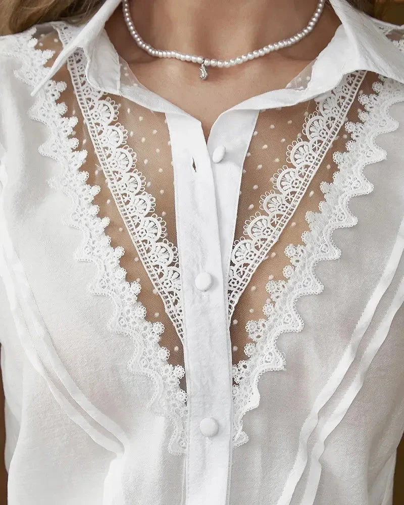 Deanwangkt - Lace Long Sleeve Button Down Shirt - Deanwangkt