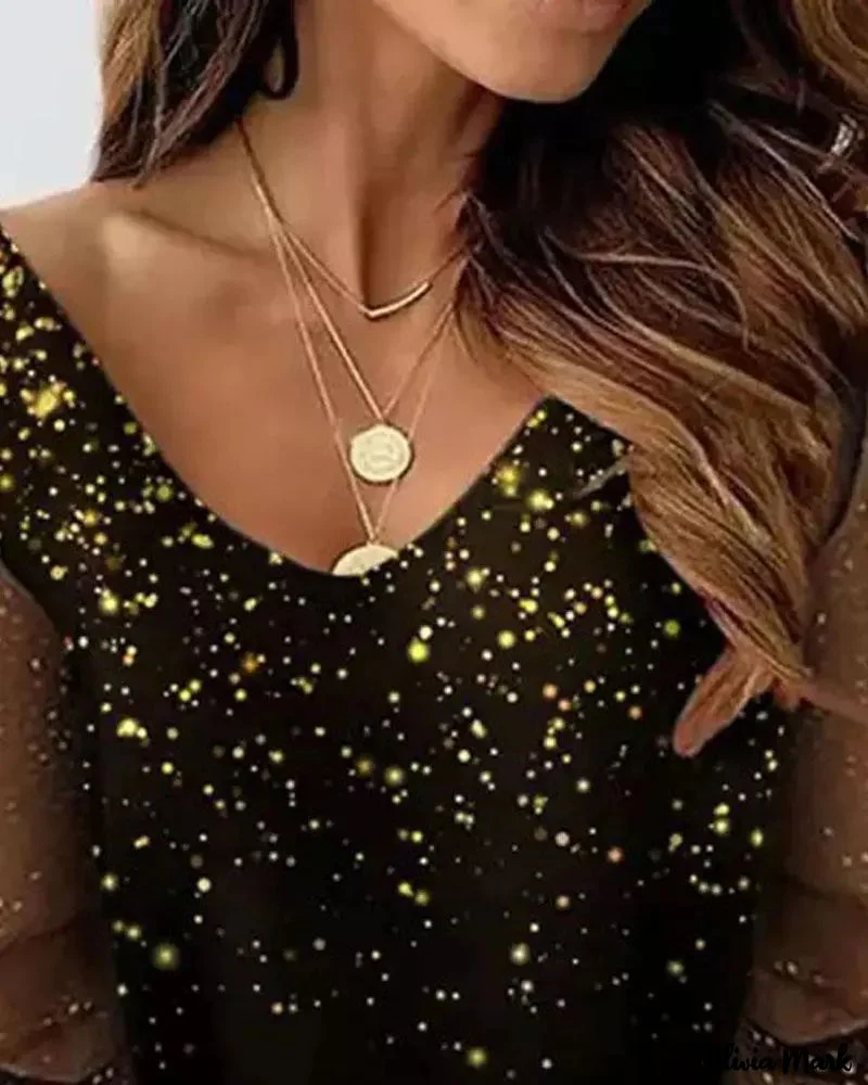 Deanwangkt - Contrast Mesh Long Sleeve Printed Top - Deanwangkt