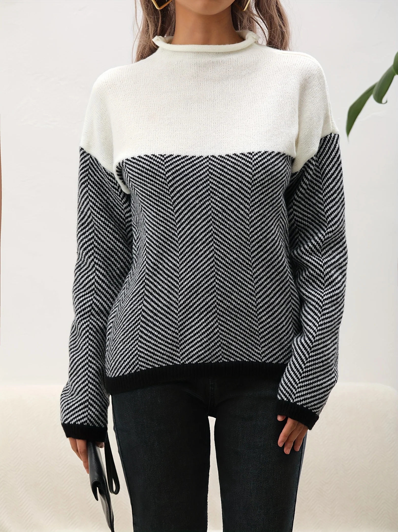 deanwangkt-1  Long Sleeve Elegant Loose Sweater, High Neck Casual Sweater For Winter & Fall, Women's Clothing - Deanwangkt