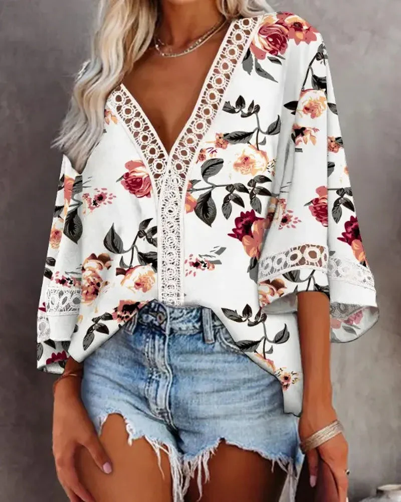 Deanwangkt - Floral Print Lace Bell Sleeve V-Neck Top - Deanwangkt