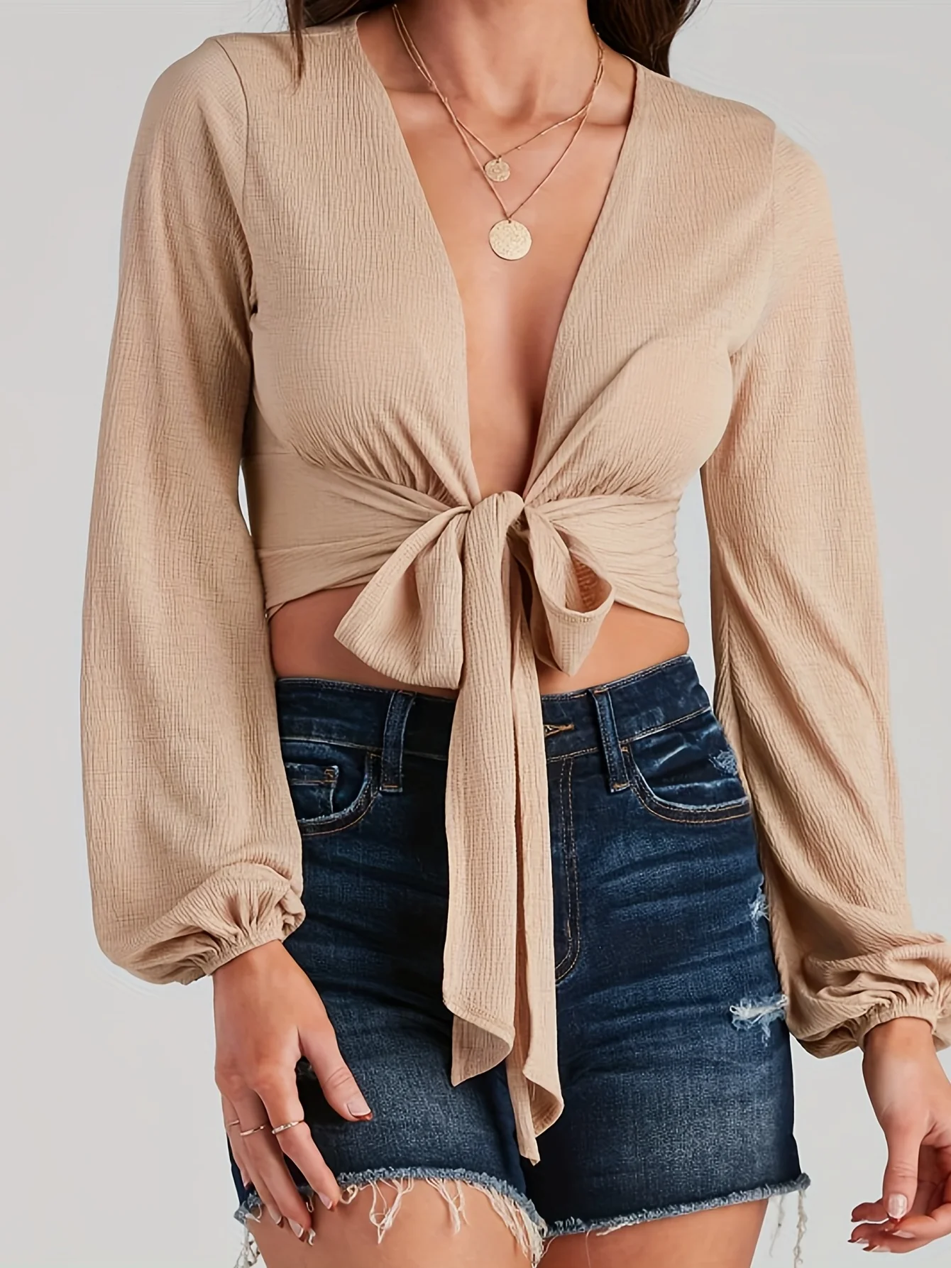 Solid Tie Front Crop Blouse, Vacation Style Lantern Sleeve Blouse For Spring & Fall, Women's Clothing - Deanwangkt