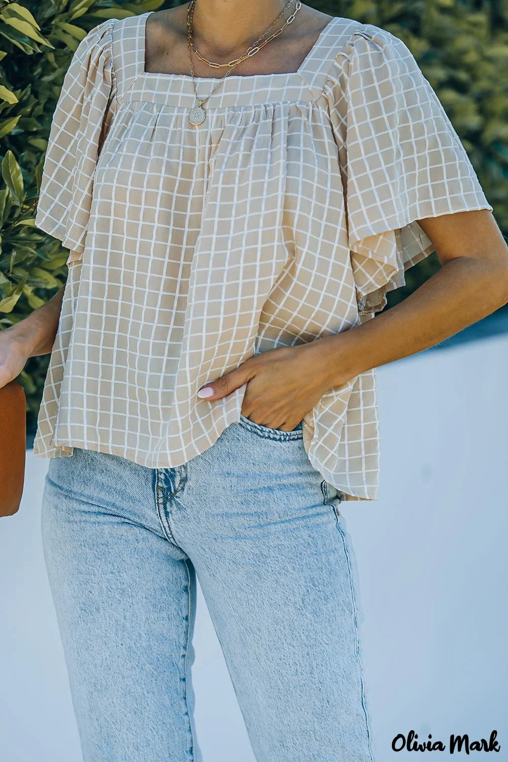 Deanwangkt - Khaki Gingham Flutter Sleeve Blouse - Deanwangkt