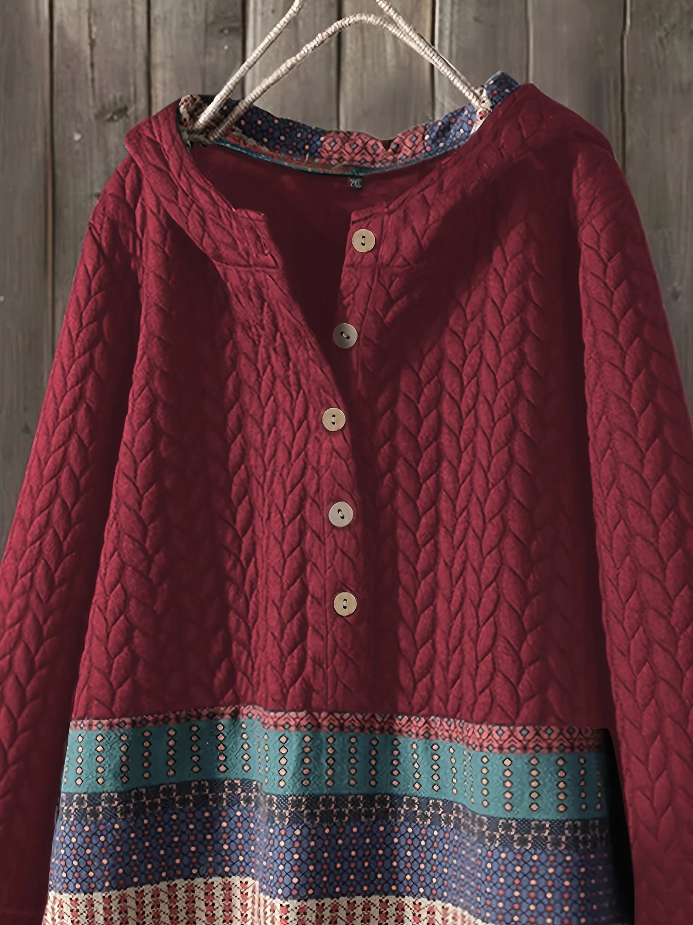 Tribal Print Long Sleeve Hooded Padded Jacket, Casual Button Front Loose Hem Outerwear, Women's Clothing - Deanwangkt