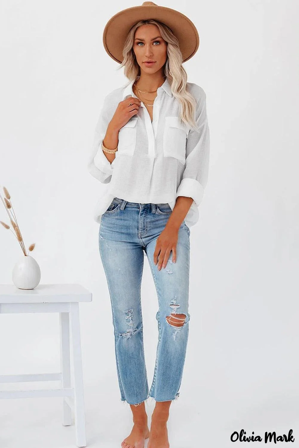 Deanwangkt - Khaki button down long sleeve shirt with pocket - Deanwangkt