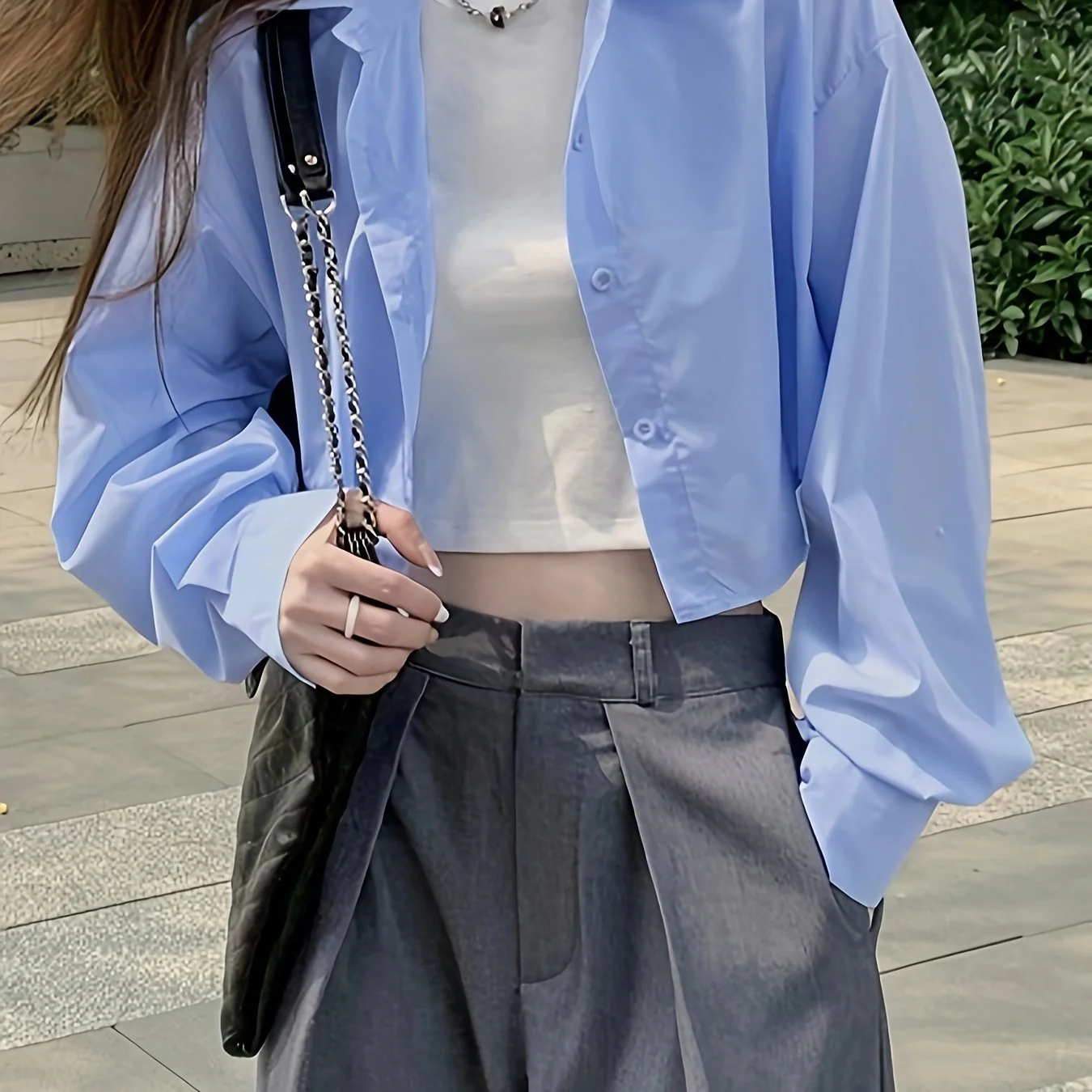 Solid Polo Collar Button Crop Shirt, Casual Long Sleeve Shirt For Spring & Fall, Women's Clothing - Deanwangkt