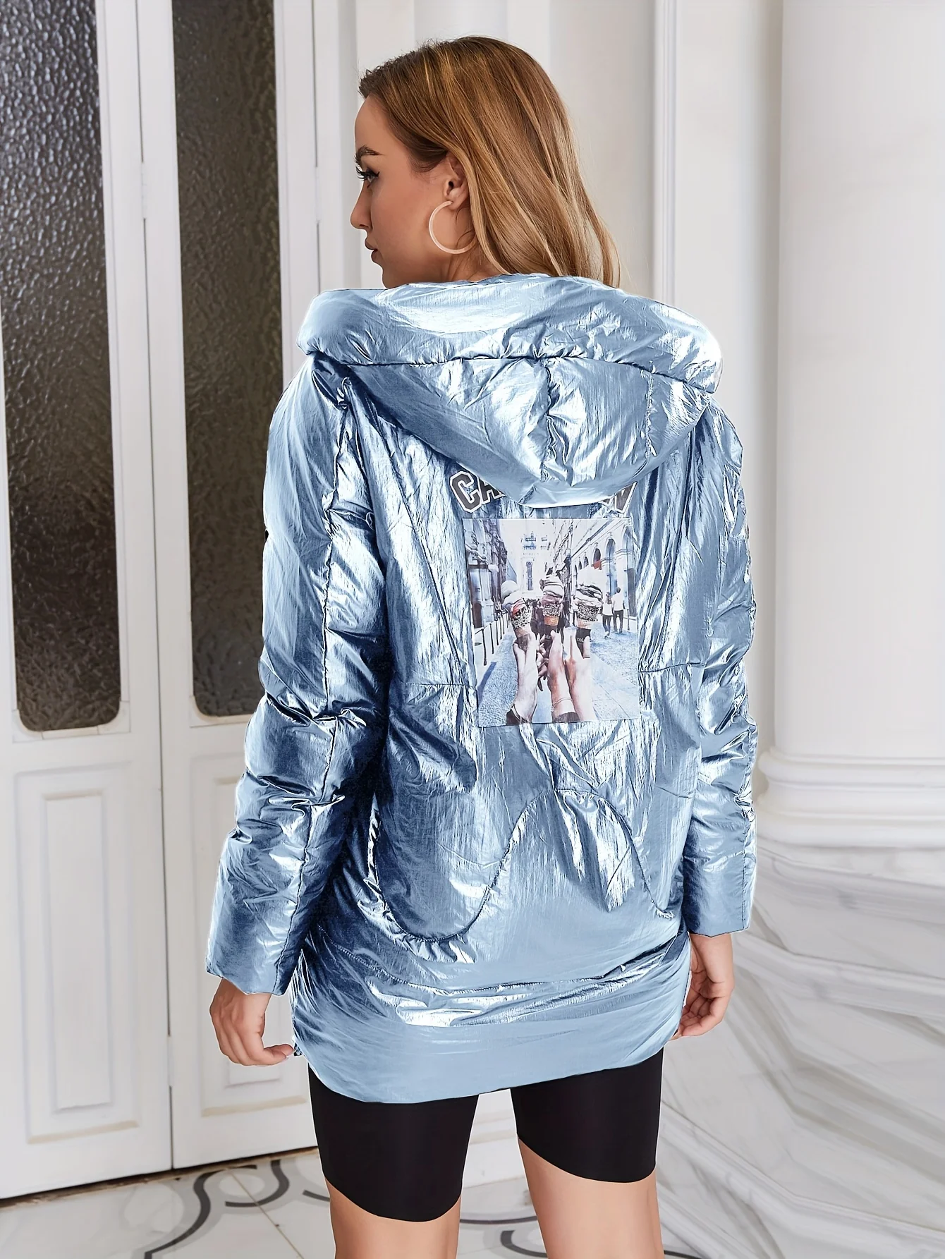 Graphic Print Back Hooded Coat, Casual Zip Up Long Sleeve Winter Outerwear, Women's Clothing - Deanwangkt