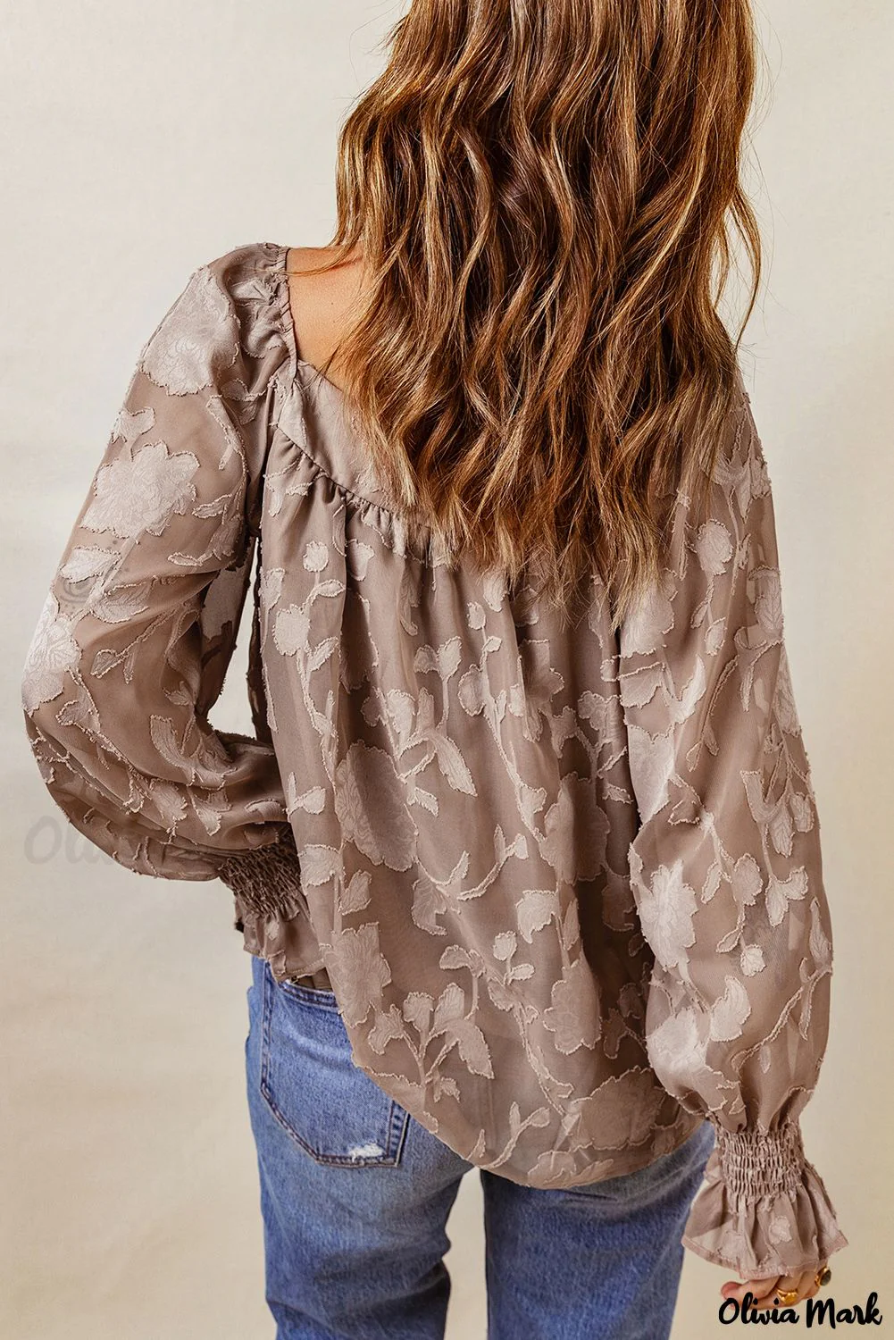 Deanwangkt - Khaki Floral Textured Square Neck Blouse - Deanwangkt