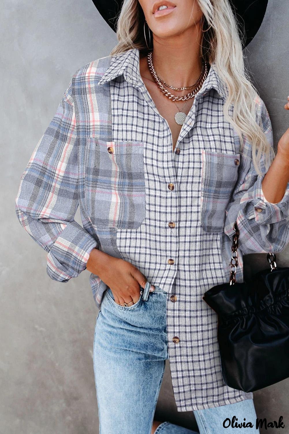 Deanwangkt - Pink Plaid Button Down Long Sleeve Shirt With Color Block Pocket - Deanwangkt