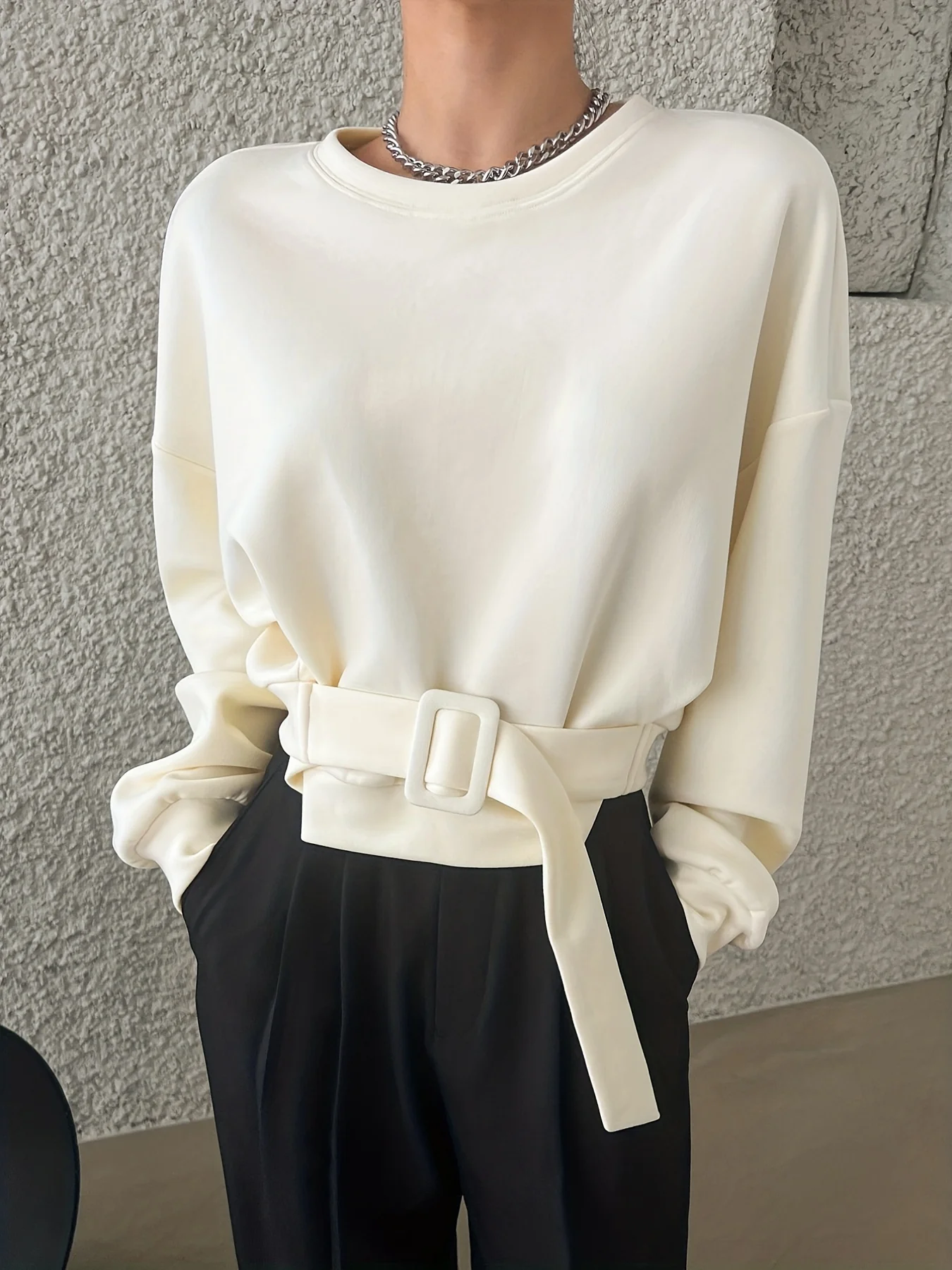 deanwangkt-1  Solid Belted Pullover Sweatshirt, Casual Long Sleeve Crew Neck Sweatshirt For Spring & Fall, Women's Clothing - Deanwangkt