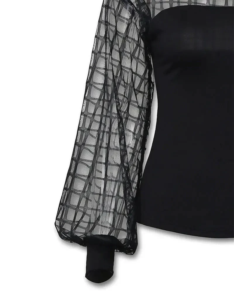 Deanwangkt - Checked Lantern Sleeve Sheer Mesh Top - Deanwangkt