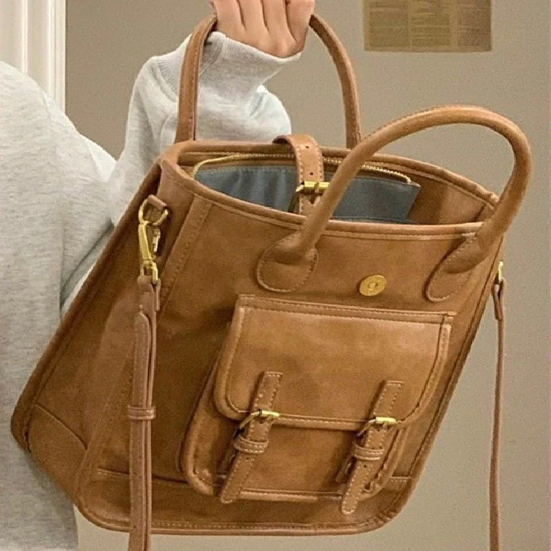 Vintage Preppy Style Handbags, Buckle Decor Crossbody Bag, Simple Faux Leather Tote Bag For Work & School - Deanwangkt