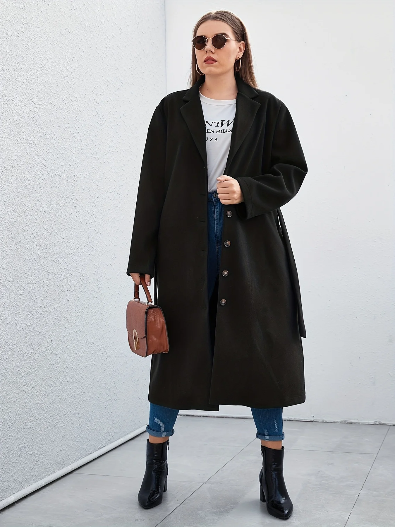 deanwangkt-1  Plus Size Elegant Coat, Women's Plus Solid Long Sleeve Single Breast Button Lapel Collar Longline Woolen Coat With Pockets - Deanwangkt