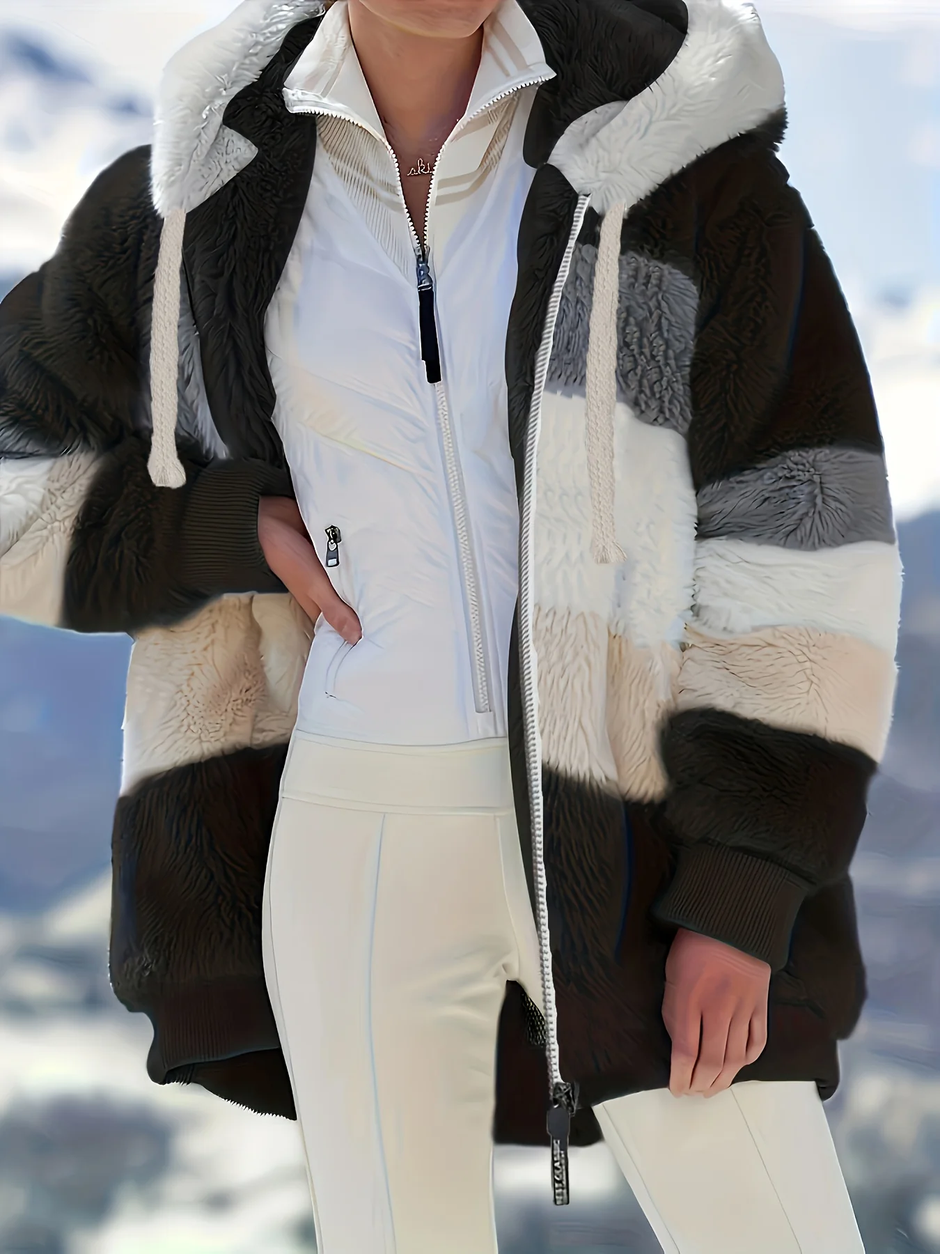 deanwangkt-1 Faux Fur Hooded Drawstring Jacket, Casual Long Sleeve Jacket For Fall & Winter, Women's Clothing - Deanwangkt