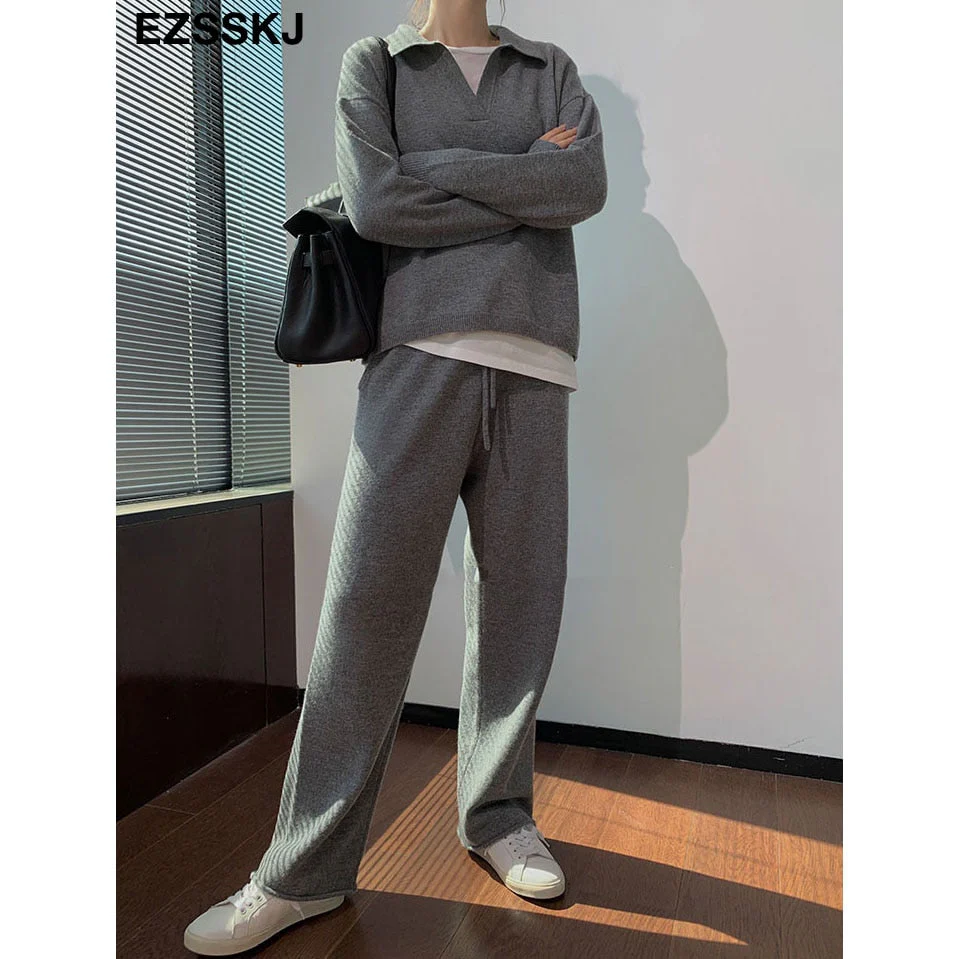 Christmas Gift 2 Pieces Set Women oversize Tracksuit polo collar Sweater Pullover straight pants Sweater Set CHIC Knitted Outwear sweater suit - Deanwangkt