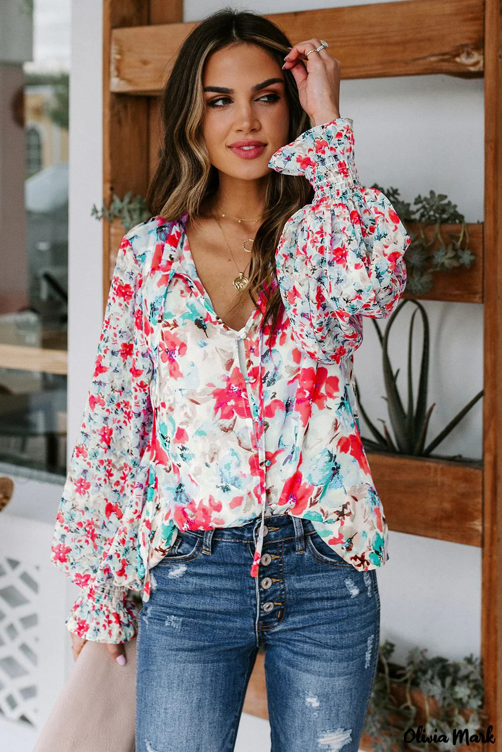 Deanwangkt - Cakewalk Red Floral Smocked Blouse - Deanwangkt