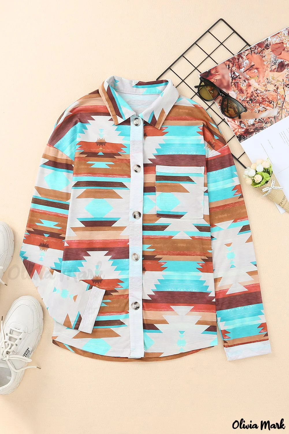 Deanwangkt - Multicolor Aztec Print Long Sleeve Shirt With Button Chest Pocket - Deanwangkt