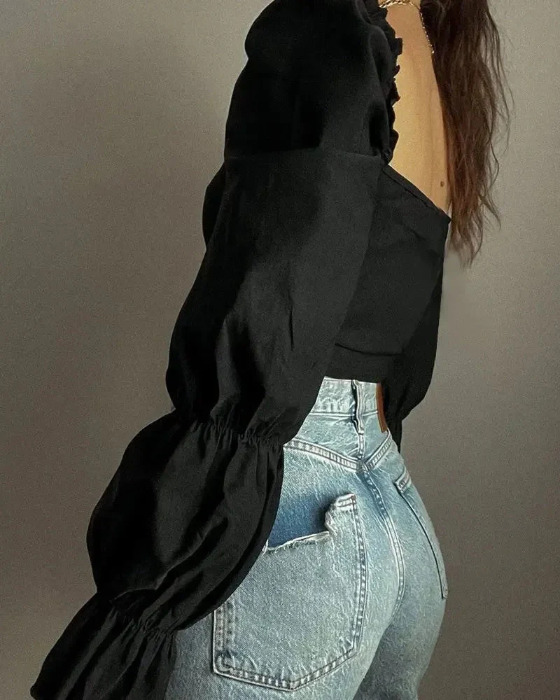 Deanwangkt - Ruched Long Sleeve Frill Hem Crop Top - Deanwangkt