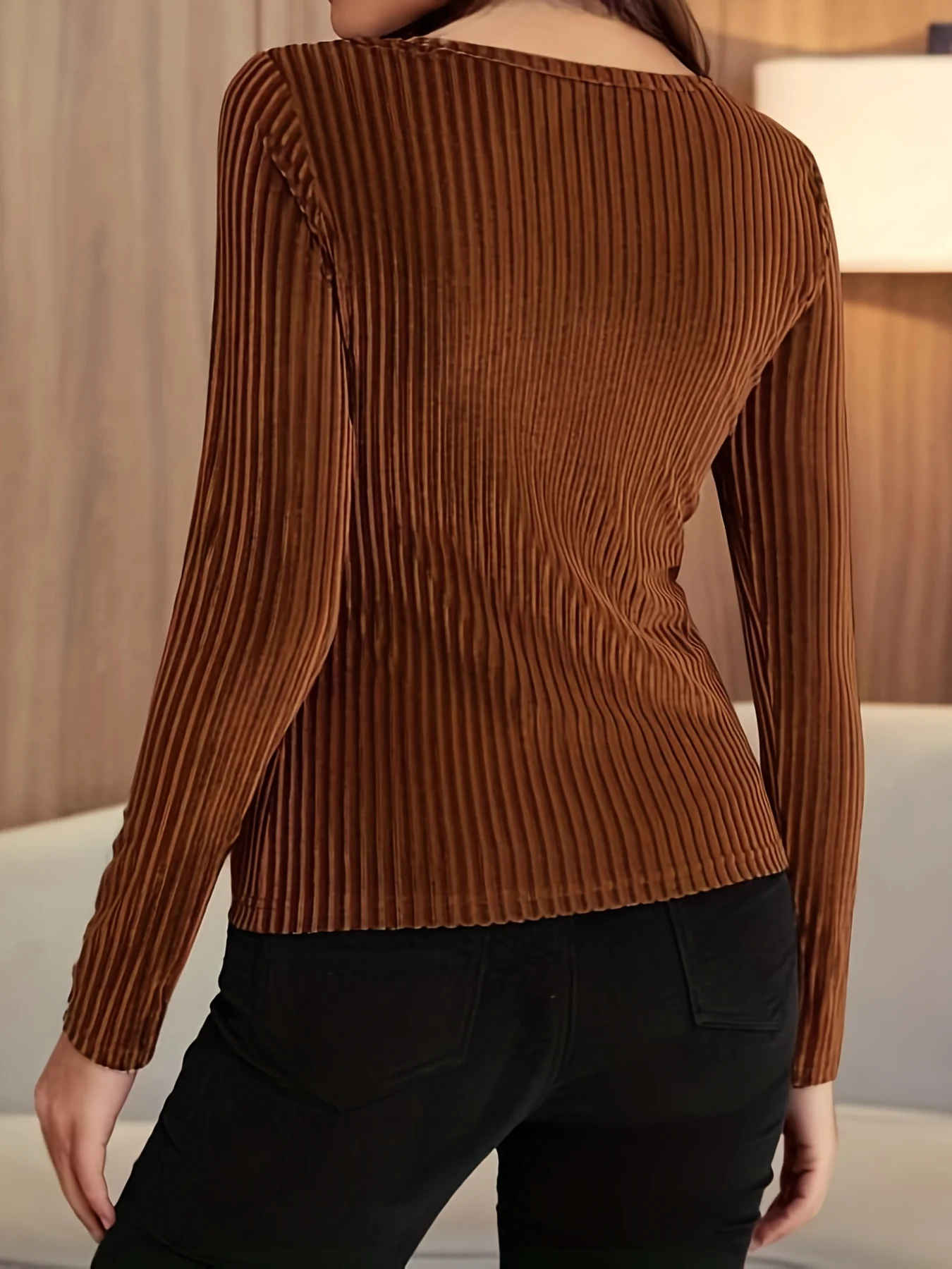 deanwangkt-1  Solid Ribbed Velvet T-Shirt, Elegant Long Sleeve Top For Spring & Fall, Women's Clothing - Deanwangkt