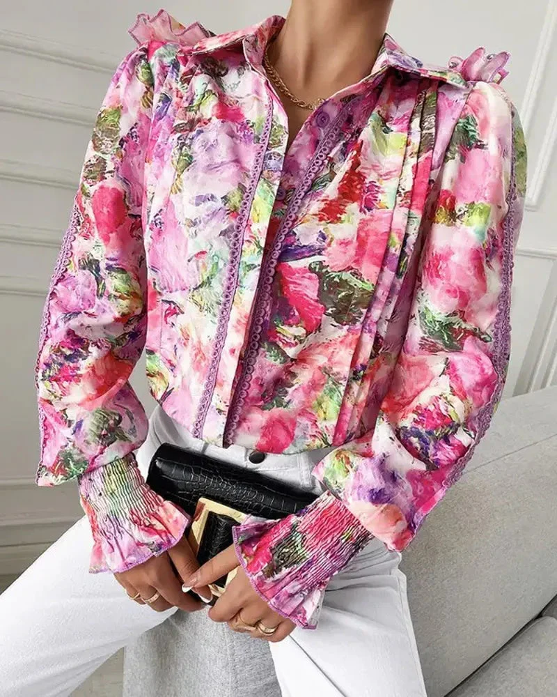 Deanwangkt - Contrast lace floral print top with lantern sleeves and ruffled hem - Deanwangkt