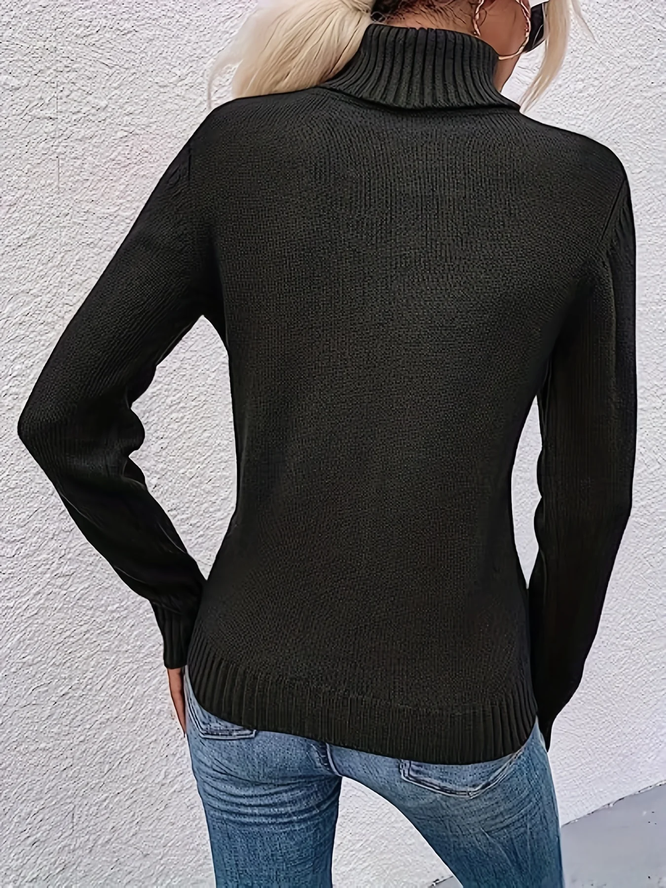 deanwangkt-1  Cable Turtleneck Loose Sweater, Casual Long Sleeve Fall Winter Knit Sweater, Women's Clothing - Deanwangkt