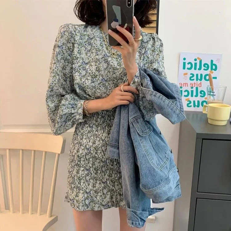 Christmas Gift  New Deanwangkt Women Summer Autunm Dresses Floral Printed Vintage High Waist Korean Package Hip Lady Mini Dresses DR21107 - Deanwangkt