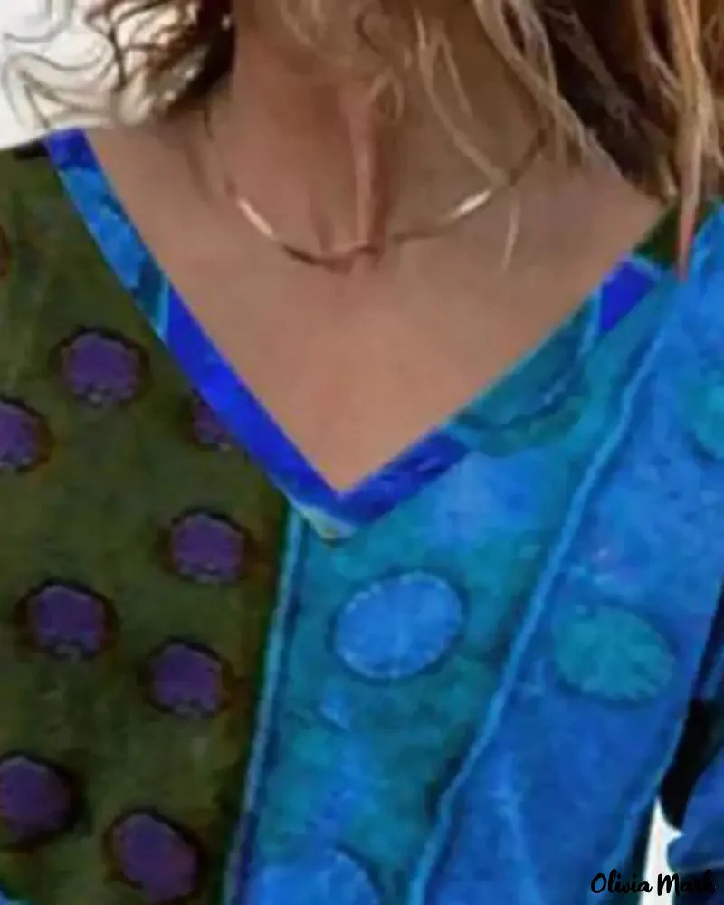 Deanwangkt - Abstract Print V-Neck Long Sleeve Color Block Top - Deanwangkt