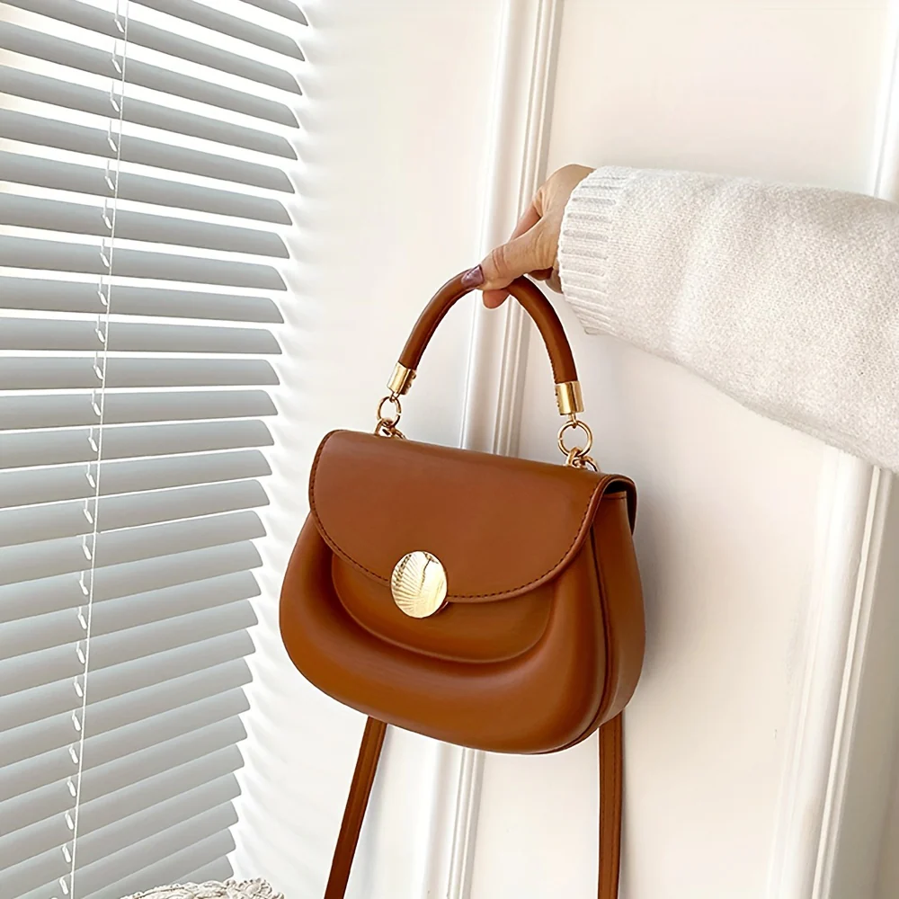 Minimalist Solid Color Saddle Bag, Classic All-Match Top Handle Purse, Women's PU Leather Purse For Daily Shopping - Deanwangkt