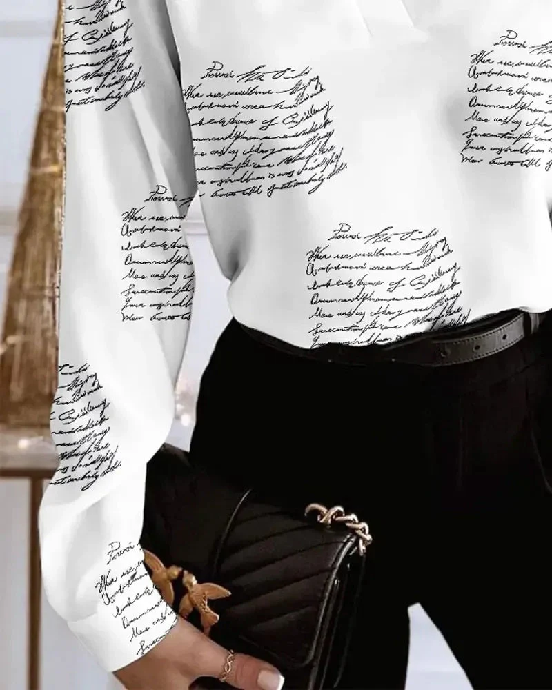 Deanwangkt - Casual Letter Print V-Neck Long Sleeve Top - Deanwangkt