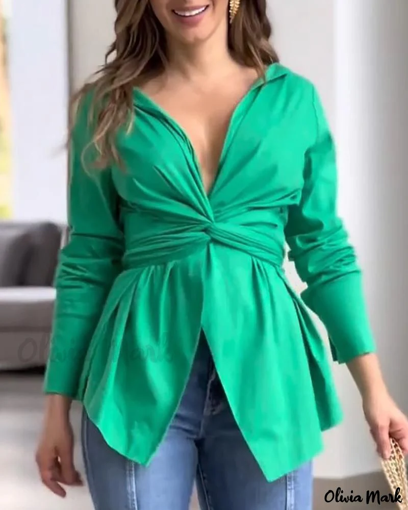 Deanwangkt - Premium Long Sleeve Twist-Front Ruched Top - Deanwangkt