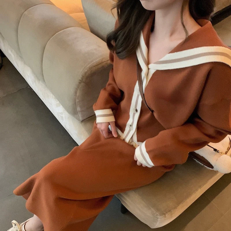 Christmas Gift 2 Piece Dress Set Women Elegant Knitted Suits Korean Fashion Cardigan Sweater + Casual Midi Skirts Deanwangkt Winter Tracksuits - Deanwangkt