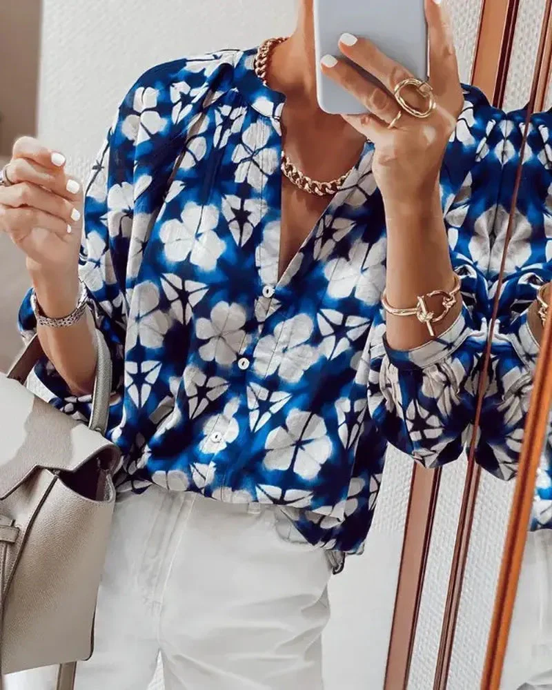Deanwangkt - Floral Print Lantern Sleeve Button Up Top - Deanwangkt