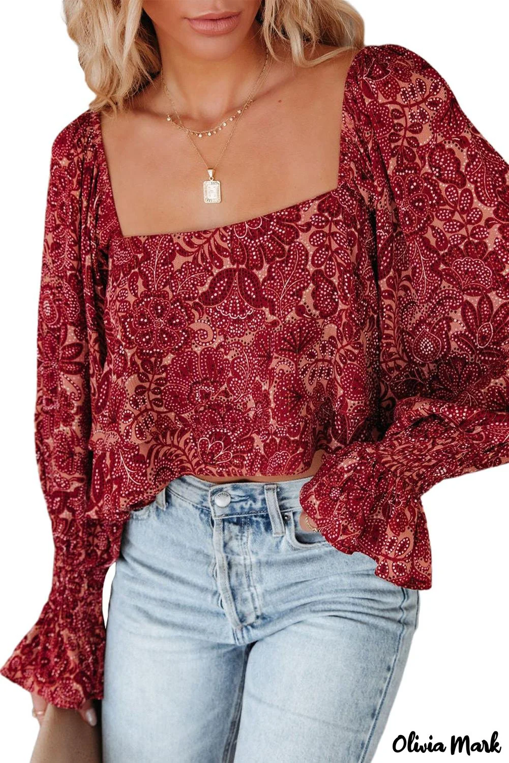 Deanwangkt - Square Neck Floral Cropped Blouse - Deanwangkt