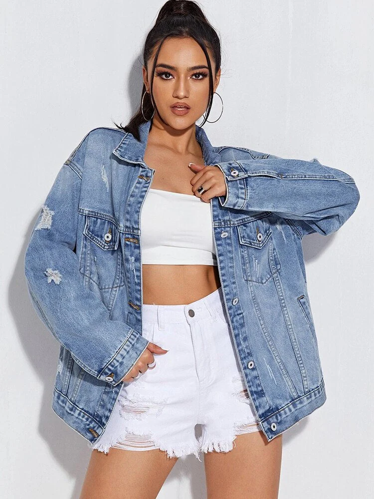 Black Friday Sales New Spring Women High Street Hole Denim Jacket Retro Female Frayed Blue Washed Coat Tops Ladies Outwear - Deanwangkt