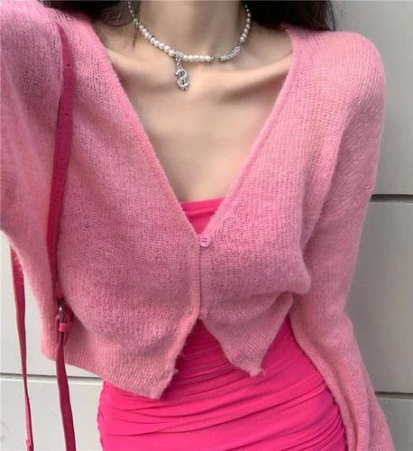 Back To School outfits Y2KV-Neck Soft Sweater Cardigan Jacket Thin Female Deanwangkt New Spring And Autumn Cashmere Mohair Short Slim Long Sleeve Jacket - Deanwangkt