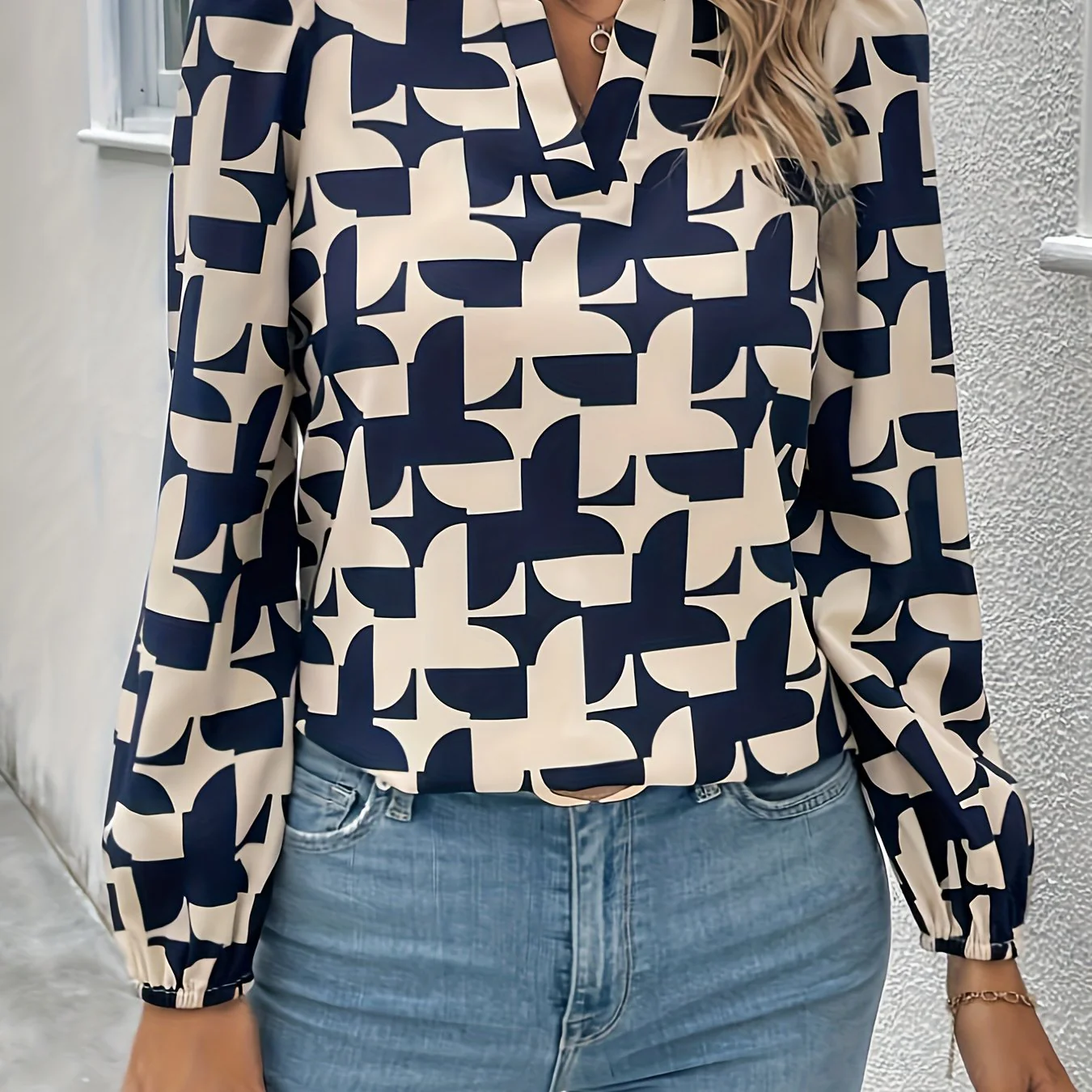 Graphic Print Notched Neck Blosue, Elegant Long Sleeve Blouse For Spring & Fall, Women's Clothing - Deanwangkt