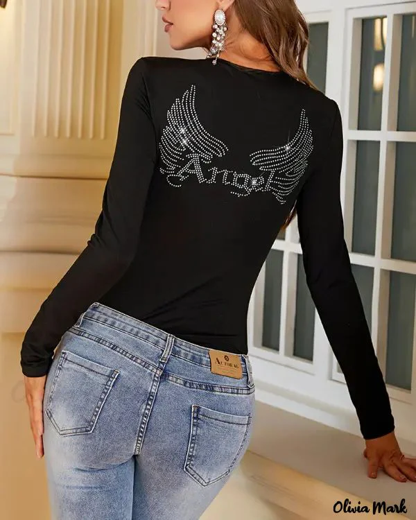 Deanwangkt - Rhinestone Wings Corner Design Long Sleeve Top - Deanwangkt