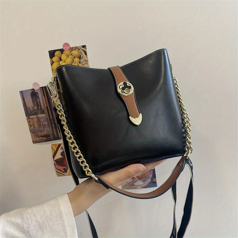 Classic Colorblock Bucket Bag, Flower Turn-Lock Shoulder Bag, Trendy Crossbody Bag With Wide Strap - Deanwangkt