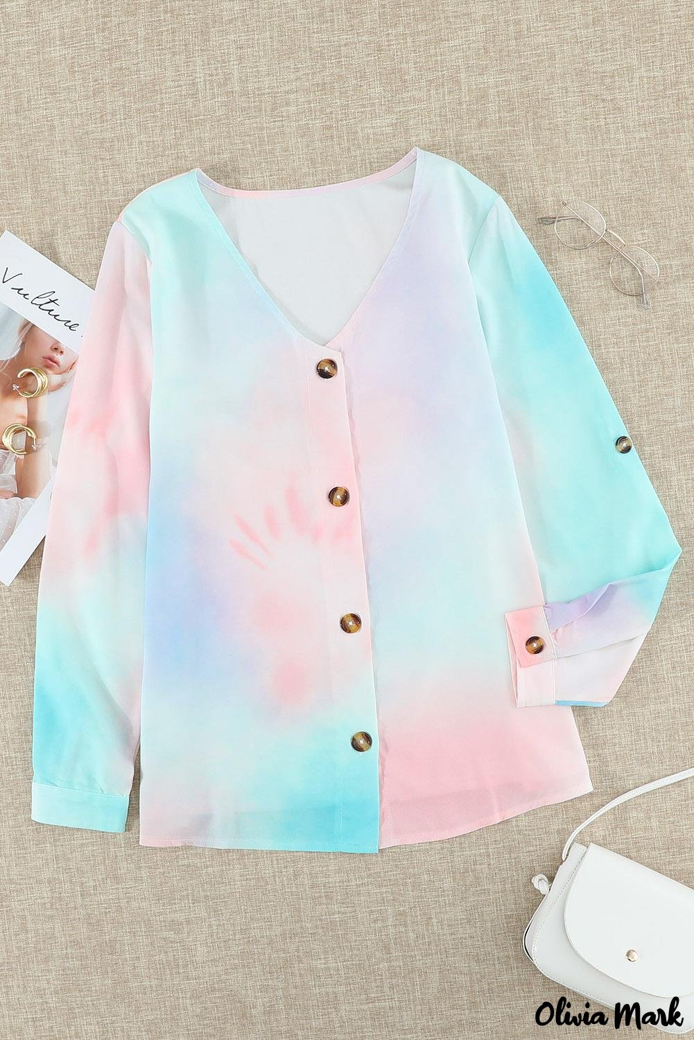 Deanwangkt - Blue Tie-Dye Long Sleeve V-Neck Blouse With Button Closure - Deanwangkt