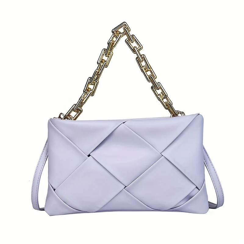 Woven Solid Color Trendy Shoulder Bag, Chain Decor Versatile Underarm Bag, PU Leather Zipper Stylish Crossbody Bag - Deanwangkt