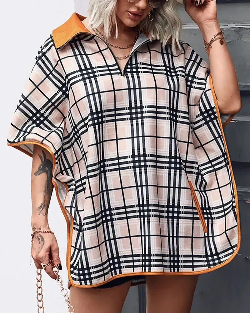 Deanwangkt - Cape pattern top with zip front and plaid print - Deanwangkt