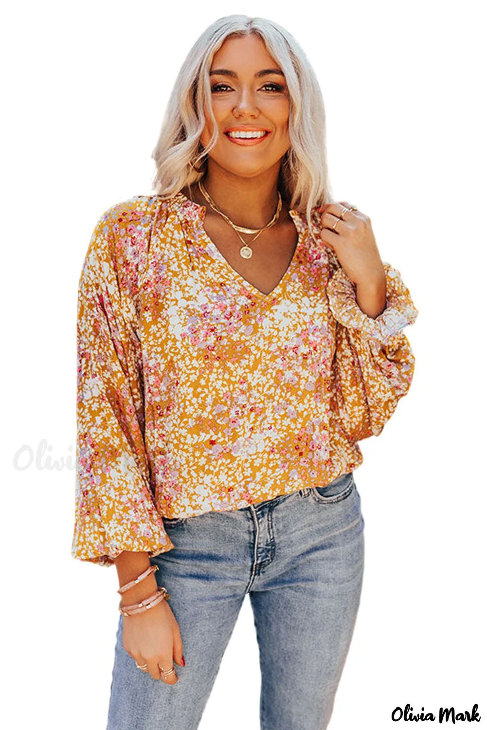 Deanwangkt - Yellow Floral Split V-Neck Blouse - Deanwangkt