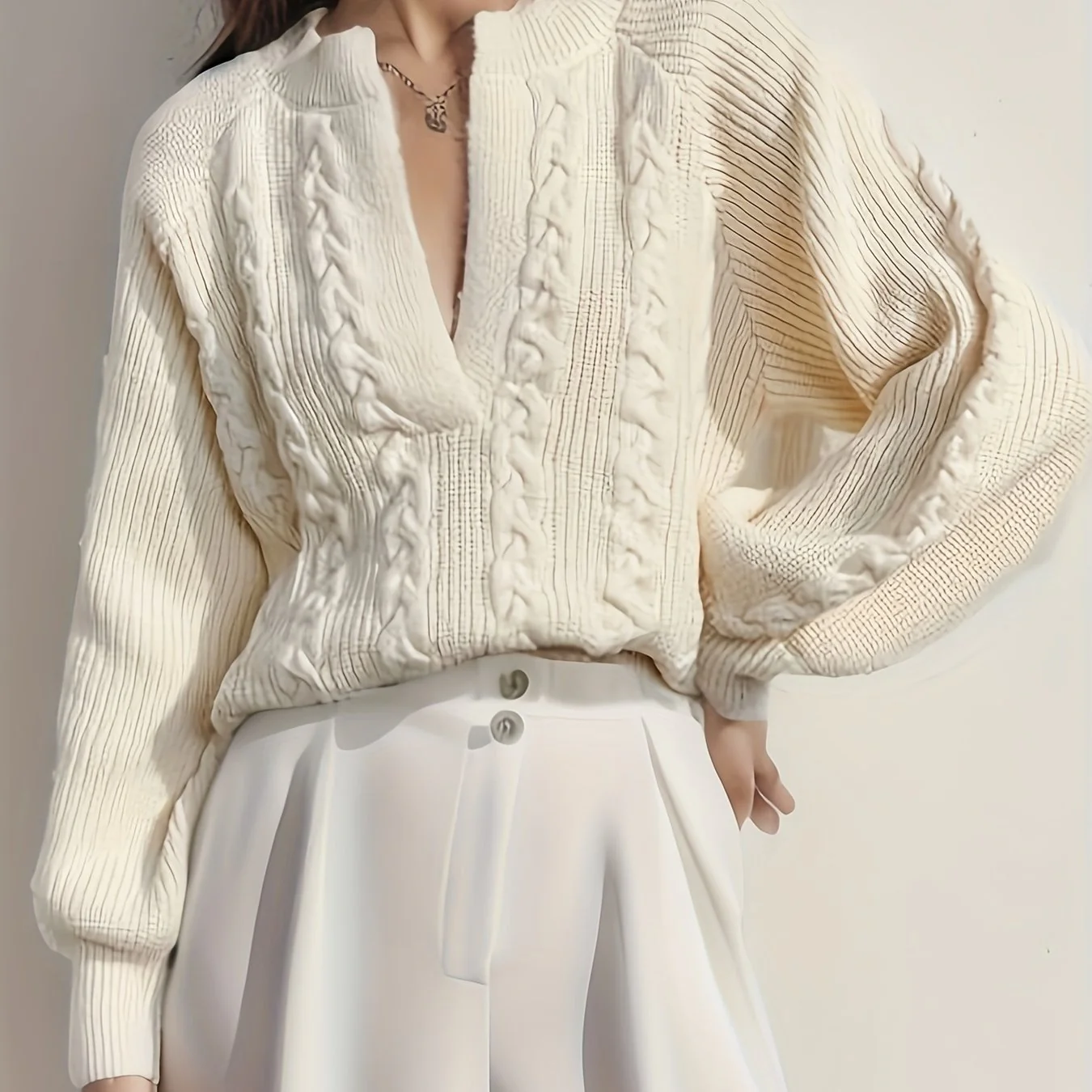 deanwangkt-1  Solid Notched Neck Cable Knit Sweater, Casual Long Sleeve Raglan Shoulder Sweater, Women's Clothing - Deanwangkt